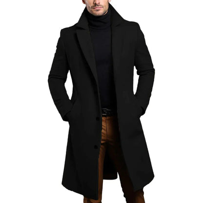 Men's Long Coat with Notched Lapel for Fall and Winter Everyday Wear Black