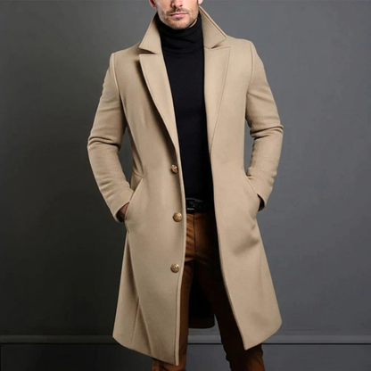 Men's Long Coat with Notched Lapel for Fall and Winter Everyday Wear Brown