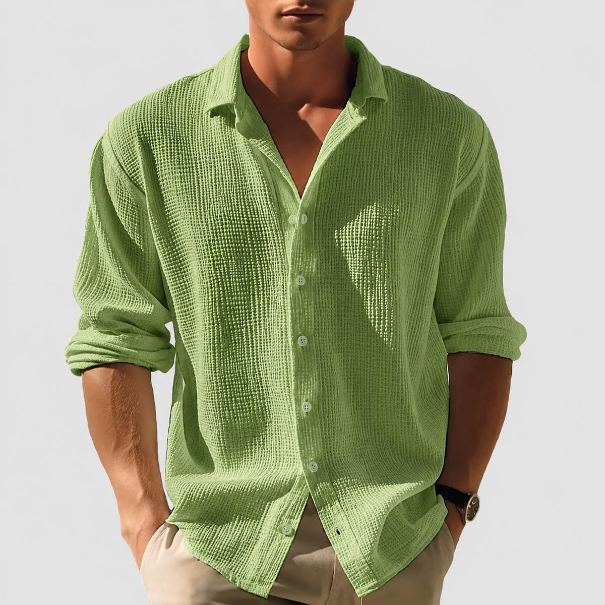 Men's Long Sleeve Button-Down Casual Shirt for Daily Use Green