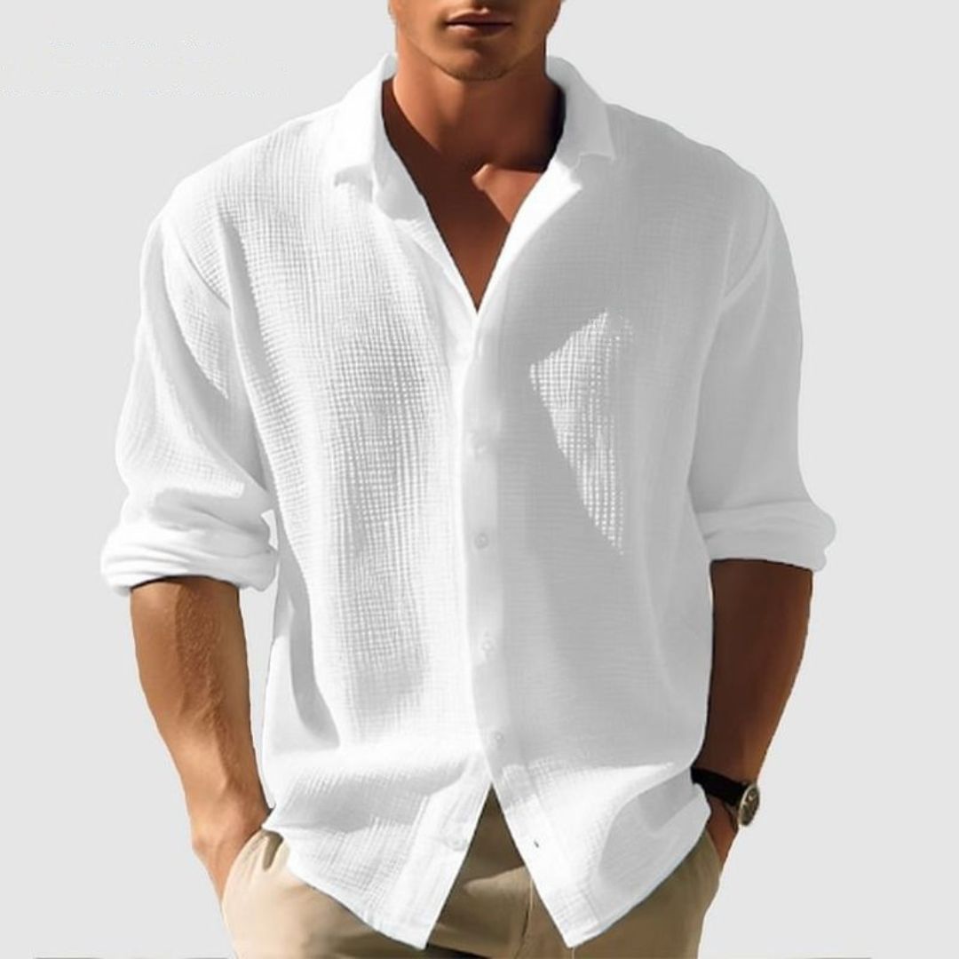Men's Long Sleeve Button-Down Casual Shirt for Daily Use White