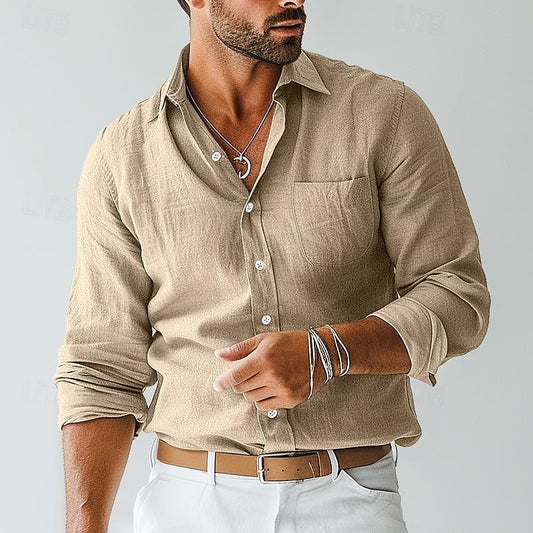 Men's Khaki Long Sleeve Button-Down Dress Shirt for Everyday Wear Khaki
