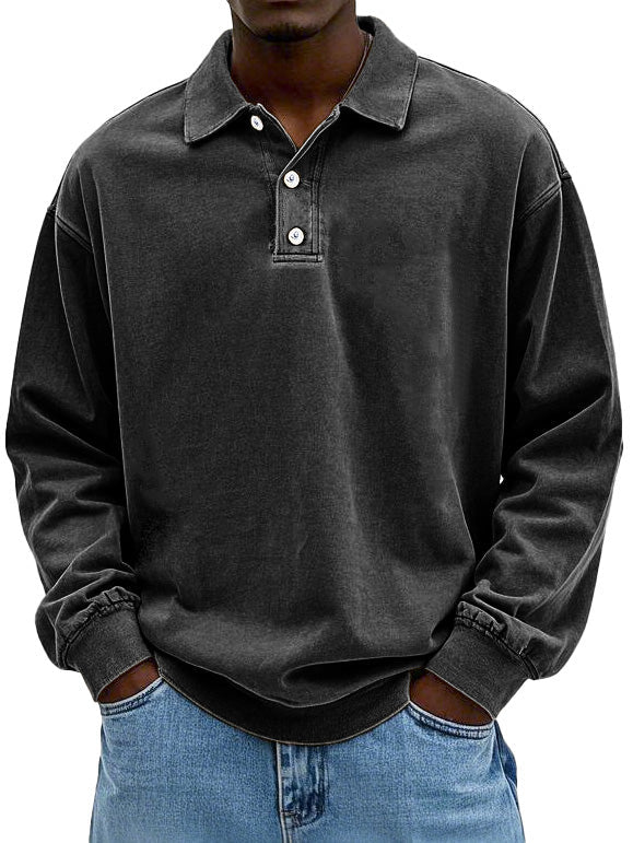 Men's Long Sleeve Button-Down Polo Shirt for Daily Use Warm Black