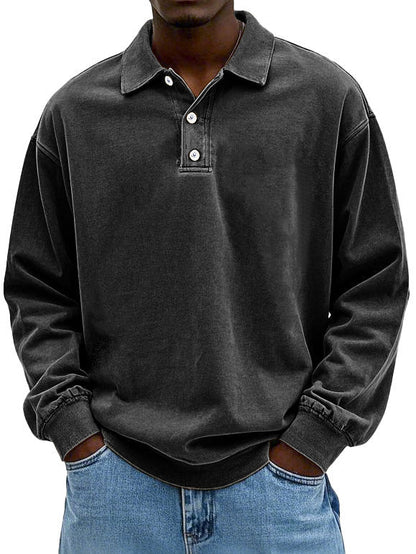 Men's Long Sleeve Button-Down Polo Shirt for Daily Use Warm Black