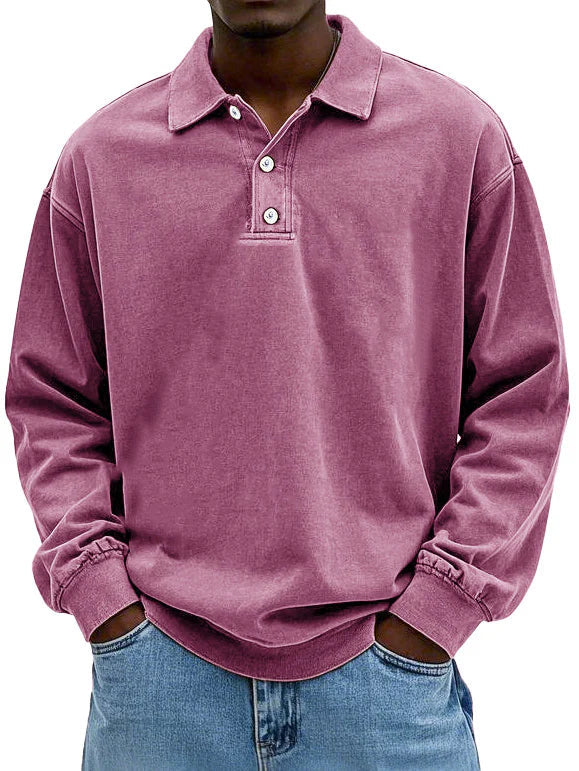 Men's Long Sleeve Button-Down Polo Shirt for Daily Use Warm Pink