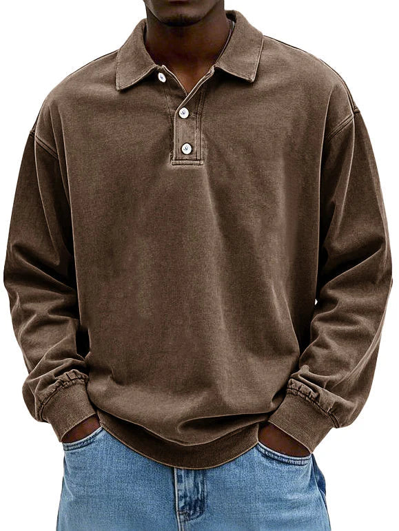 Men's Long Sleeve Button-Down Polo Shirt for Daily Use Warm Brown