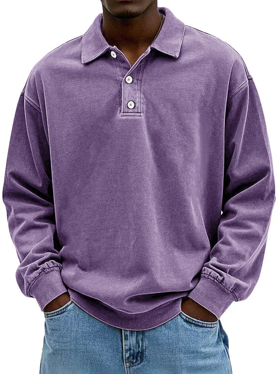 Men's Long Sleeve Button-Down Polo Shirt for Daily Use Warm Purple