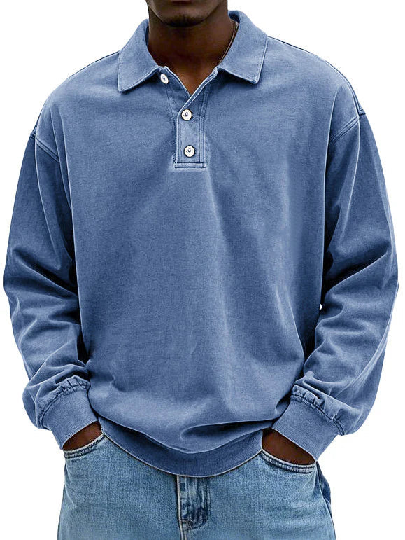 Men's Long Sleeve Button-Down Polo Shirt for Daily Use Warm Blue