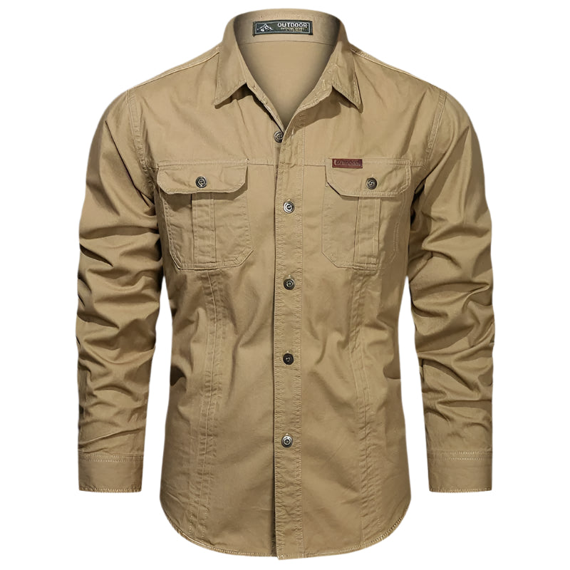 Men's Beige Long Sleeve Casual Button-Down Shirt for Everyday Wear Khaki