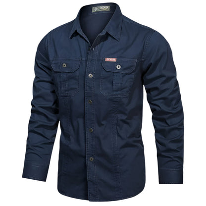 Men's Beige Long Sleeve Casual Button-Down Shirt for Everyday Wear Navy Blue