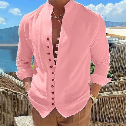 Men's Pink Long Sleeve Casual Button-Down Shirt for Everyday Wear Pink