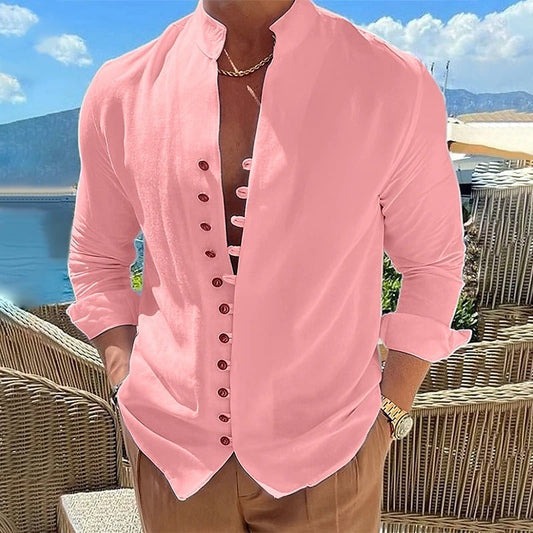 Men's Pink Long Sleeve Casual Button-Down Shirt for Everyday Wear Pink