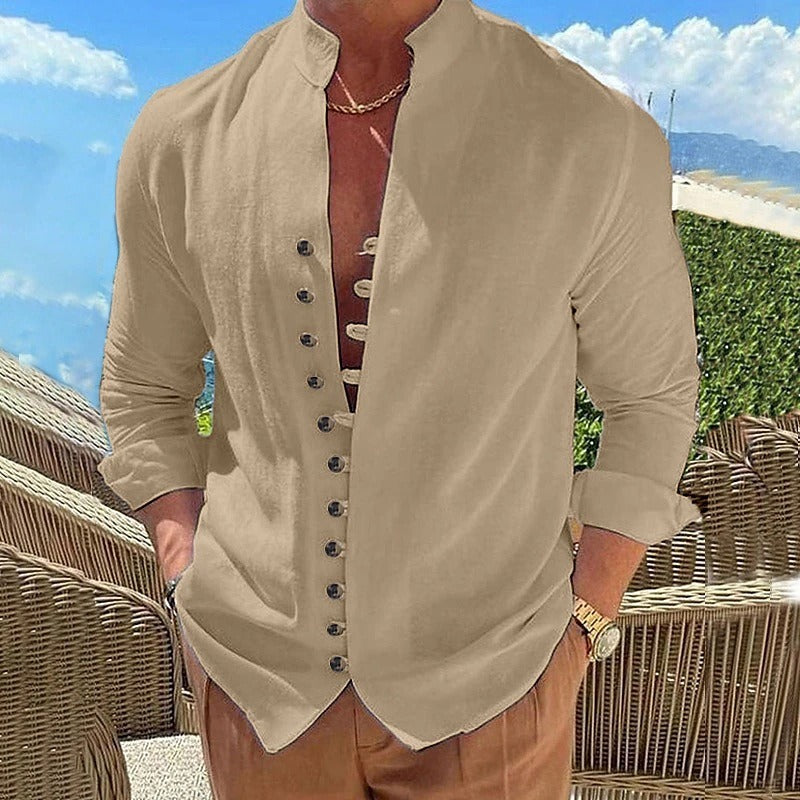 Men's Pink Long Sleeve Casual Button-Down Shirt for Everyday Wear Peach