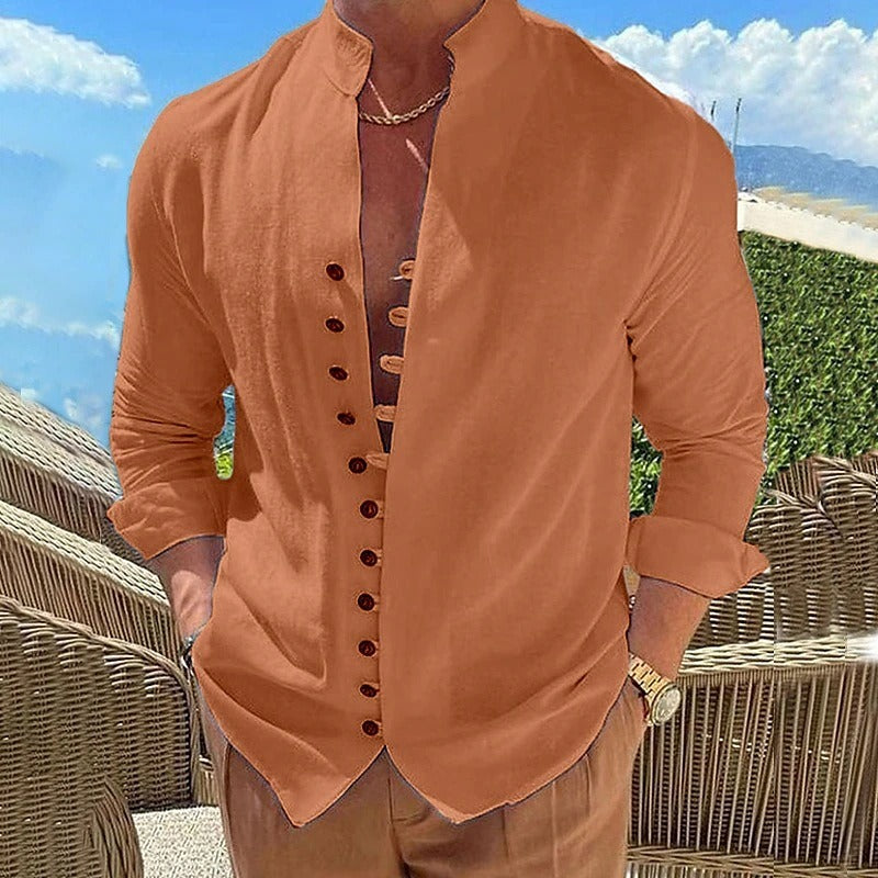 Men's Pink Long Sleeve Casual Button-Down Shirt for Everyday Wear Orange