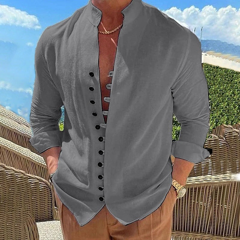 Men's Pink Long Sleeve Casual Button-Down Shirt for Everyday Wear Gray