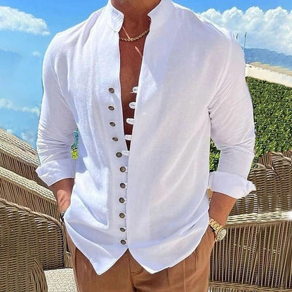 Men's Pink Long Sleeve Casual Button-Down Shirt for Everyday Wear White