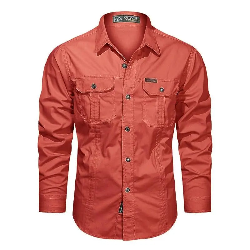 Men's Beige Long Sleeve Casual Button-Down Shirt for Everyday Wear Red