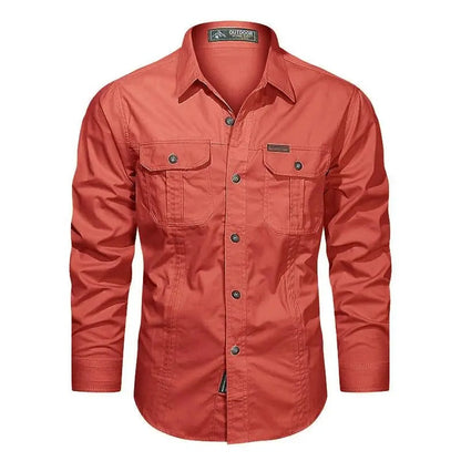 Men's Beige Long Sleeve Casual Button-Down Shirt for Everyday Wear Red