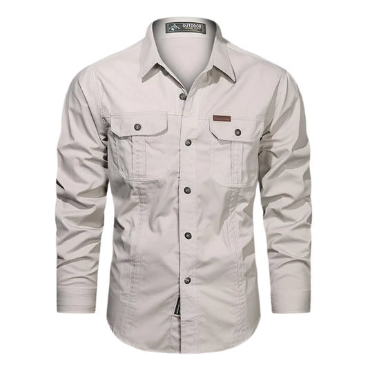 Men's Beige Long Sleeve Casual Button-Down Shirt for Everyday Wear Beige