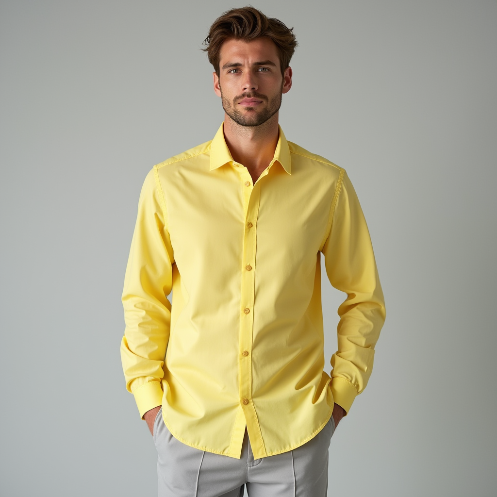 Men's Yellow Long Sleeve Casual Button-Down Shirt for Everyday Wear Yellow