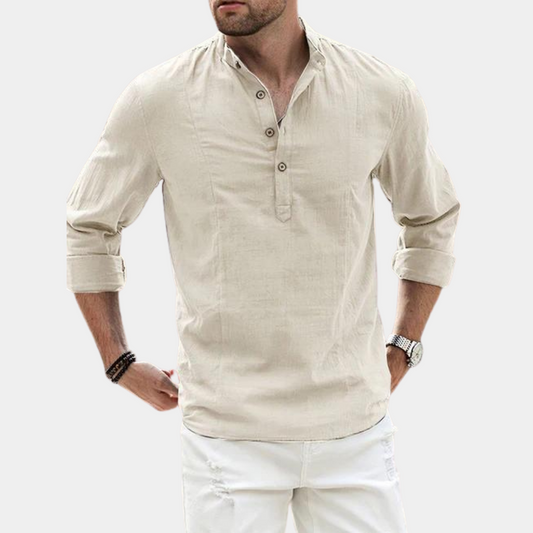 Men's Green Long Sleeve Casual Henley Shirt for Everyday Wear Beige