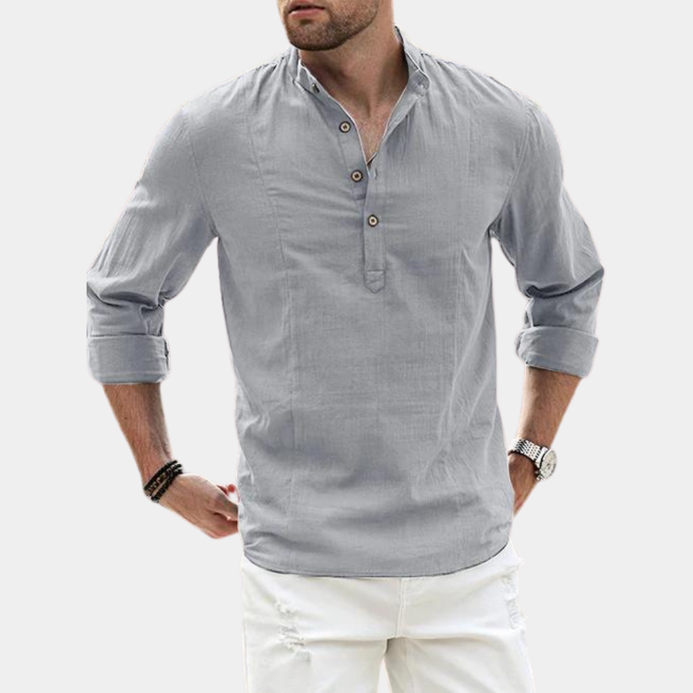 Men's Green Long Sleeve Casual Henley Shirt for Everyday Wear Light Gray