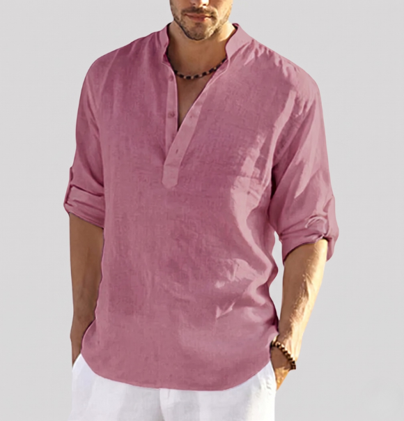 Men's Multi-Color Long Sleeve Casual Henley Shirt for Daily Use Warm Rosa