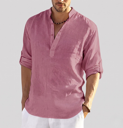 Men's Multi-Color Long Sleeve Casual Henley Shirt for Daily Use Warm Rosa