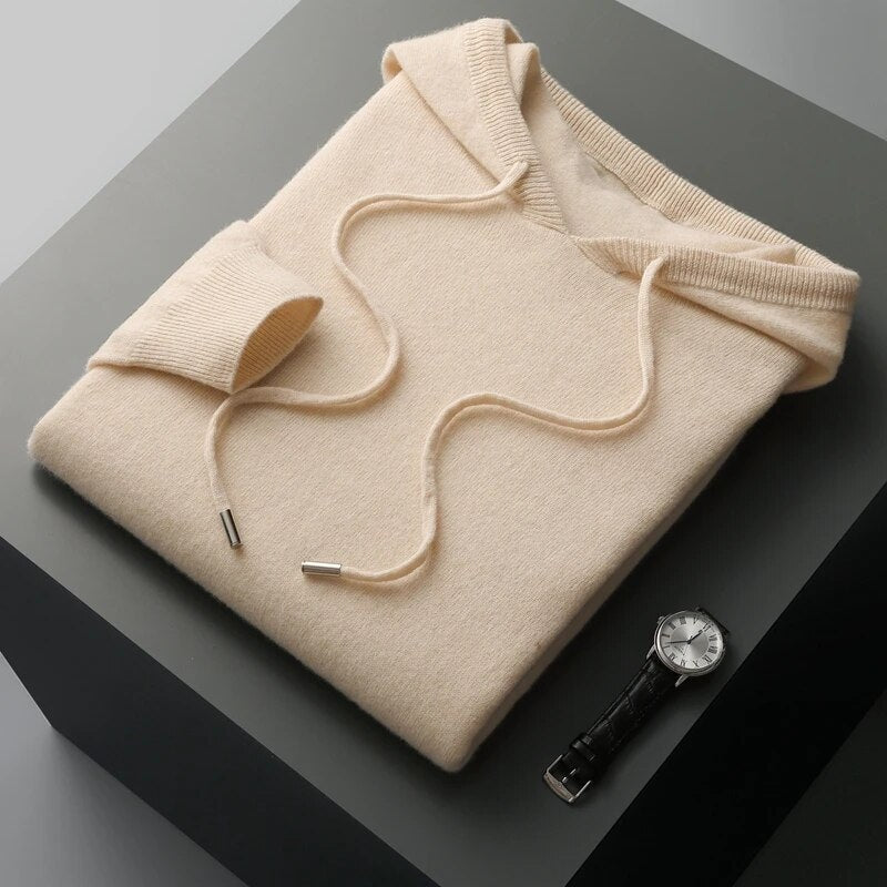 Men's Long Sleeve Knit Hoodie for Fall and Winter Everyday Wear Beige