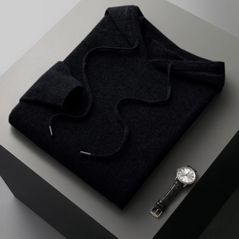 Men's Long Sleeve Knit Hoodie for Fall and Winter Everyday Wear Black