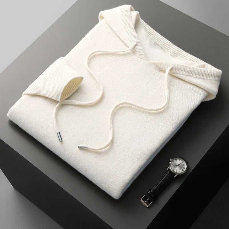 Men's Long Sleeve Knit Hoodie for Fall and Winter Everyday Wear White