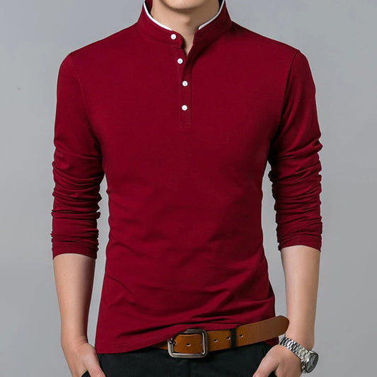 Men's Long Sleeve Slim-Fit Polo Shirt for Daily Use Warm Red