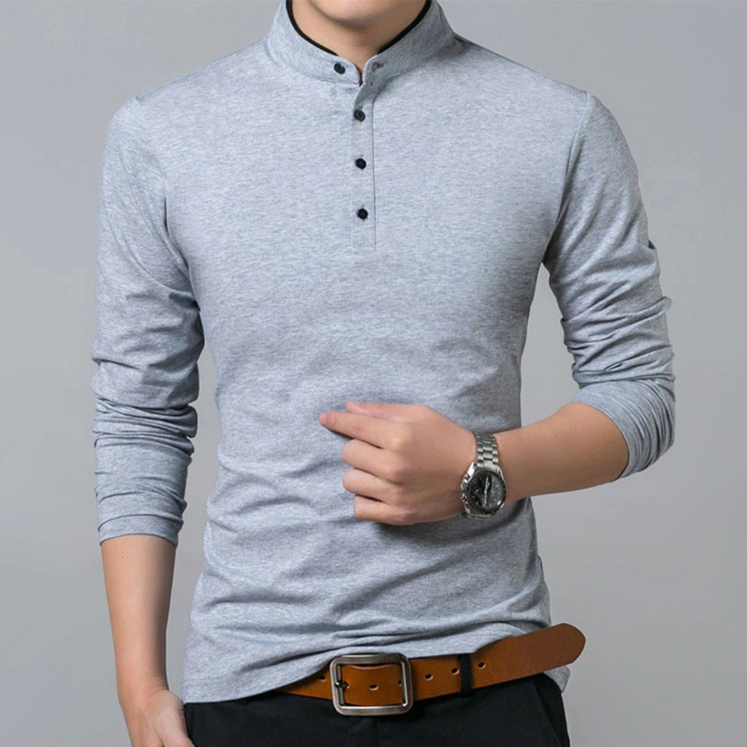 Men's Long Sleeve Slim-Fit Polo Shirt for Daily Use Warm Gray