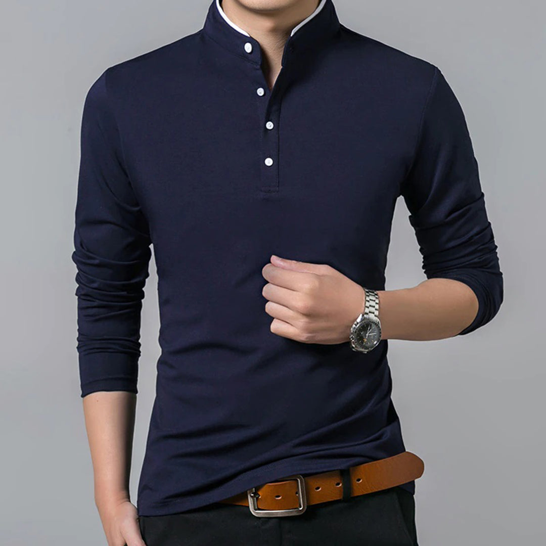 Men's Long Sleeve Slim-Fit Polo Shirt for Daily Use Warm Navy Blue