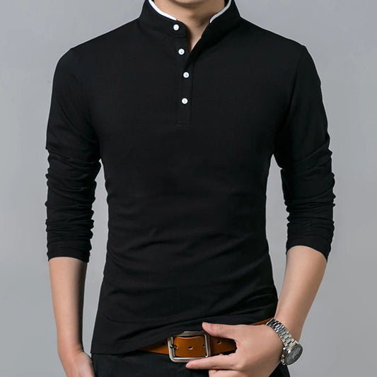 Men's Long Sleeve Slim-Fit Polo Shirt for Daily Use Warm Black