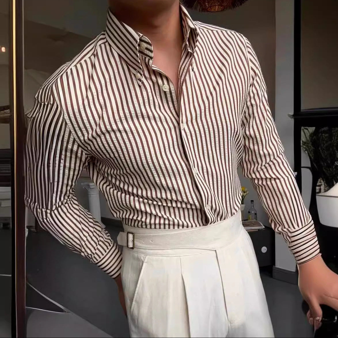 Men's Long Sleeve Striped Button-Up Shirt for Daily Use