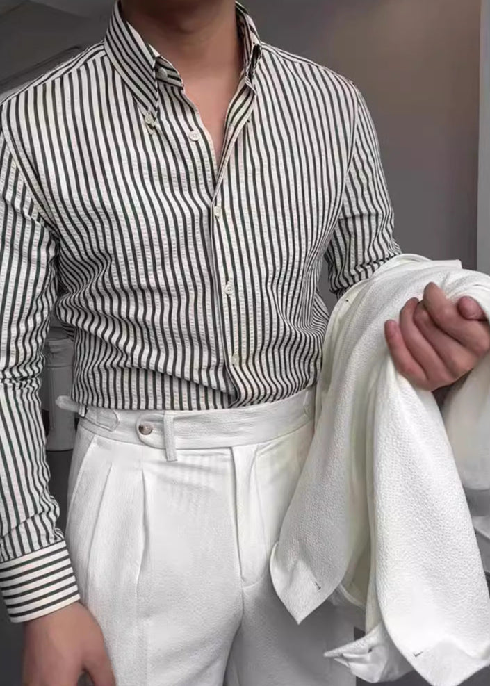 Men's Long Sleeve Striped Button-Up Shirt for Daily Use