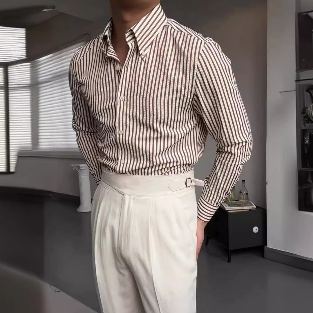 Men's Long Sleeve Striped Button-Up Shirt for Daily Use Brown