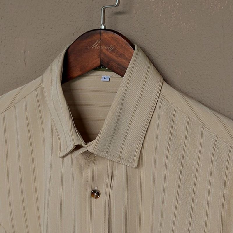 Men's Apricot Long Sleeve Striped Casual Shirt for Everyday Wear