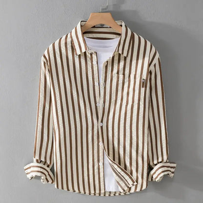 Men's Multi-Color Long Sleeve Striped Casual Shirt for Daily Use Warm Brown