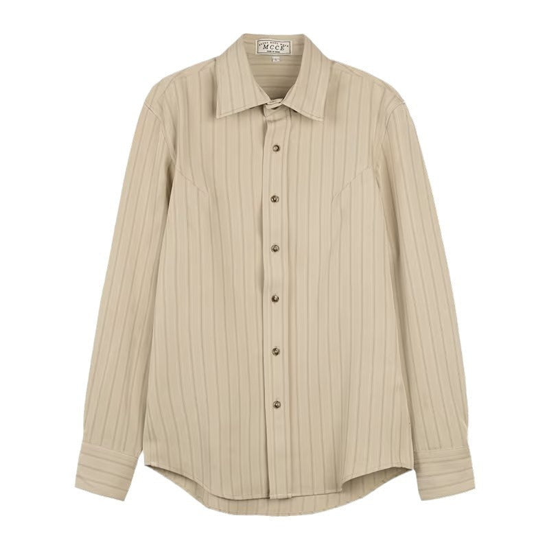 Men's Apricot Long Sleeve Striped Casual Shirt for Everyday Wear