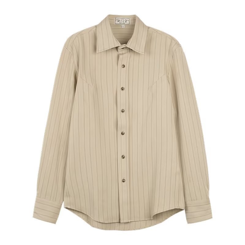 Men's Apricot Long Sleeve Striped Casual Shirt for Everyday Wear