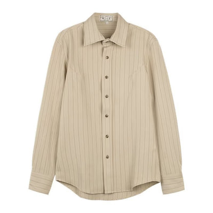 Men's Apricot Long Sleeve Striped Casual Shirt for Everyday Wear