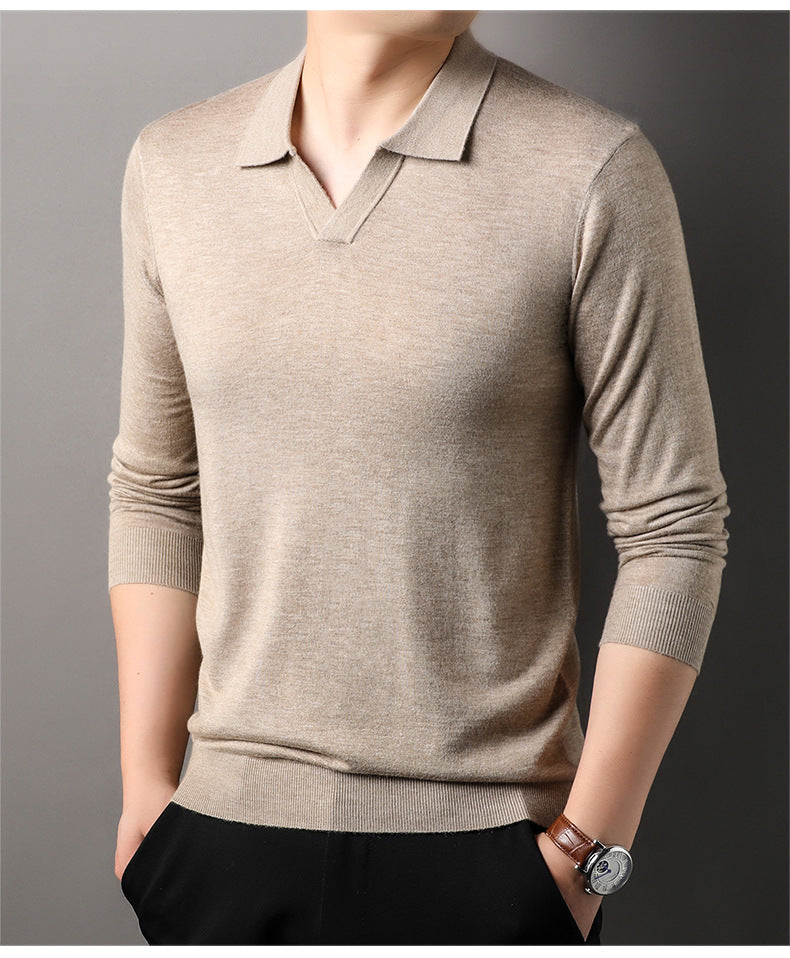 Men's Long Sleeve V-Neck Polo Shirt for Fall and Winter Everyday Wear Beige