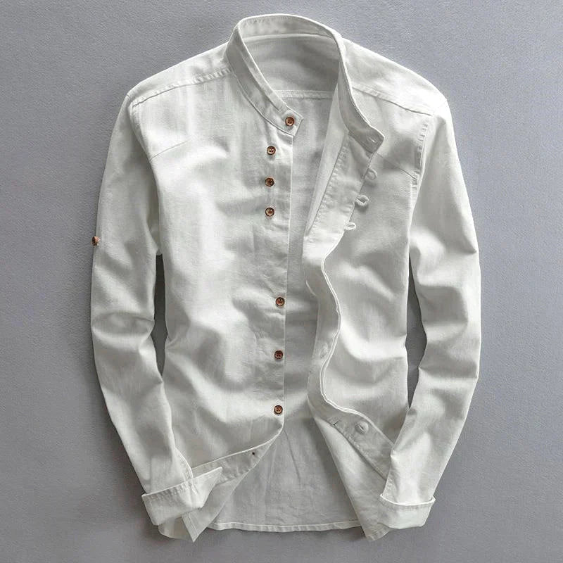 Men's Mandarin Collar Button-Down Dress Shirt for Daily Use White