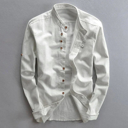 Men's Mandarin Collar Button-Down Dress Shirt for Daily Use White