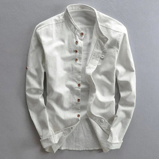 Men's Mandarin Collar Button-Down Dress Shirt for Daily Use White