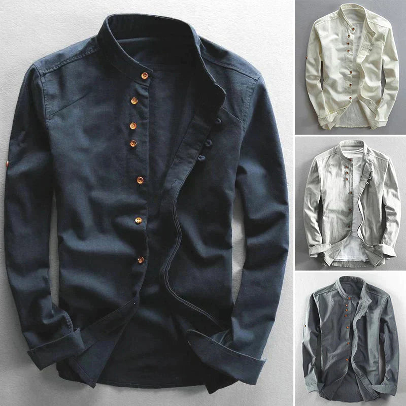 Men's Mandarin Collar Button-Down Dress Shirt for Daily Use