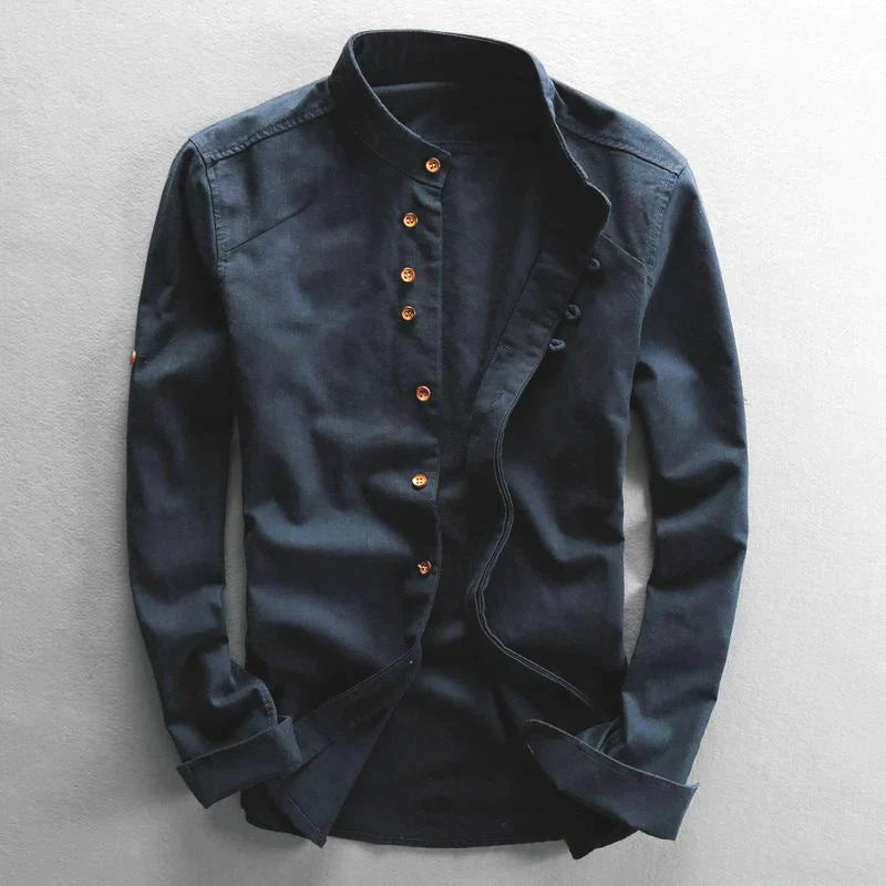 Men's Mandarin Collar Button-Down Dress Shirt for Daily Use Navy Blue