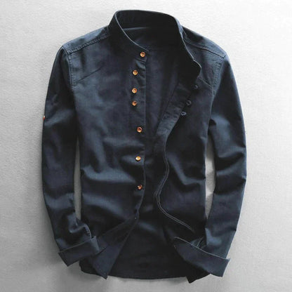 Men's Mandarin Collar Button-Down Dress Shirt for Daily Use Navy Blue