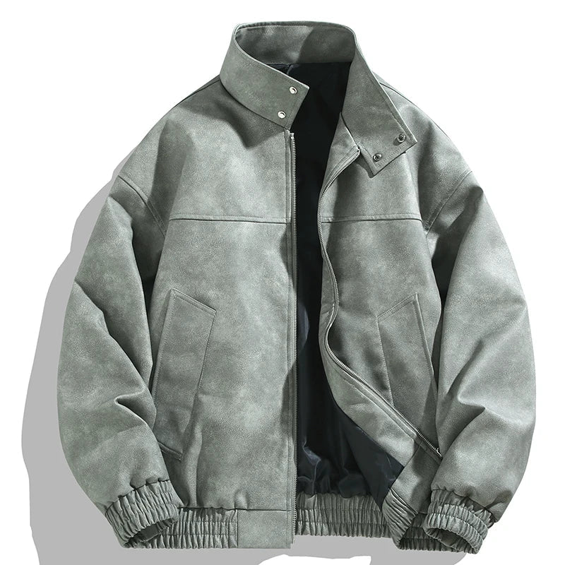 Men's Stylish Durable Leather Jacket - Perfect Outerwear Choice Washed Olive